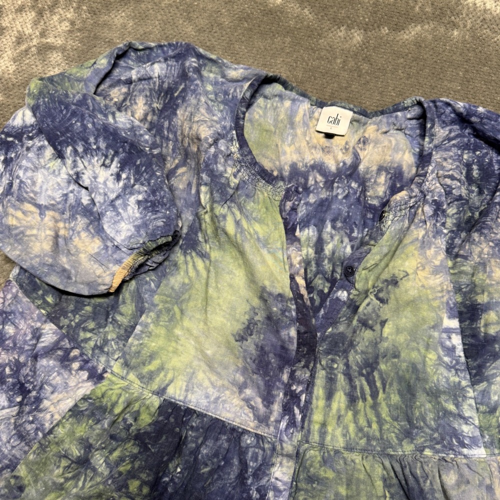 Cabi‎ Button Up Tie Dye Blouse Blue Green Linen Blend Babydoll Top L